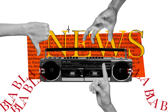 Creative collage image hands body fragments boombox audio player news blah information thumb down gesture music stereo drawing background