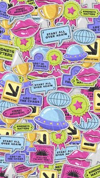 A colorful video showcasing a vibrant collage of stickers and decals in various shapes and sizes