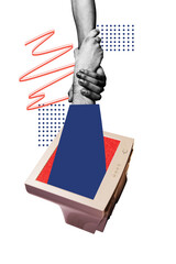 Composite trend artwork 3D sketch image collage of two hands show gesture unity together appear...