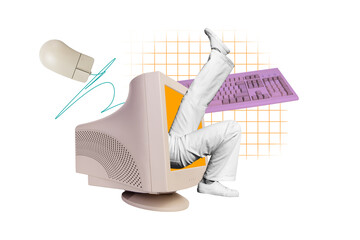 Composite trend artwork sketch image collage of young woman legs office manager appear computer...