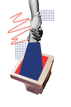 Composite trend artwork 3D sketch image collage of&nbsp;two hands show gesture unity together appear huge computer monitor friendship support