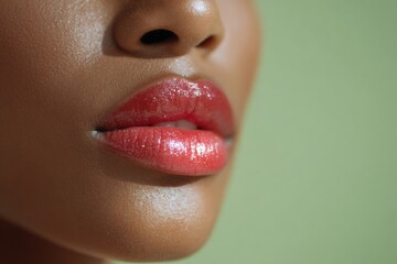 Naklejka premium Female african young adult closeup shiny coral red lips with dewy skin and soft green background beauty detail