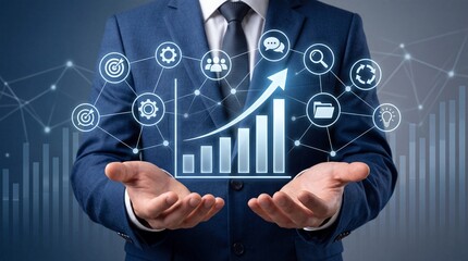 Obraz premium A business professional in a suit presenting a glowing digital bar chart representing growth data