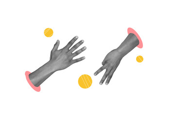 Composite trend artwork 3D sketch image photo collage of two monochrome skin hands appear hole...