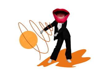 Fototapeta premium Composite trend artwork sketch image photo collage of caricature headless young lady dance funny moving mouth lips head talk speech