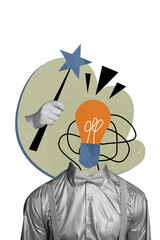 Composite trend artwork sketch image 3D photo collage of headless young man think mind cloud idea...