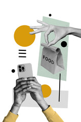 Vertical photo collage of hands hold phone make online order delivery service food cafe courier...