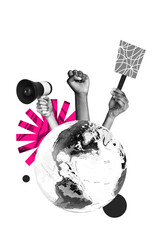 Vertical collage picture human hands protest earth planet demonstration independence day power fist...