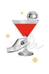 Vertical photo collage of hand hold martini glass disco ball olive imitation alcohol party weekend...