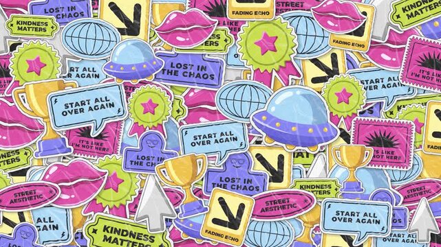 A colorful video showcasing a vibrant collection of stickers and decals with various shapes and designs