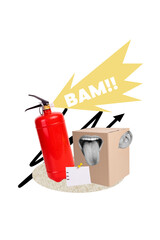 Vertical photo collage of headless mouth body part show tongue arrow firefighter equipment hot...