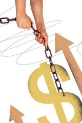 Vertical photo collage of hands pull chain dollar currency income fund business earnings arrow...