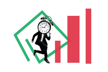 Composite photo collage of anonym businessman instead head alarm clock chart success development...