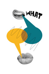 Naklejka na ściany i meble Vertical photo collage of faceless mouth speak colorful bubble communication what talk dialogue lips isolated on painted background