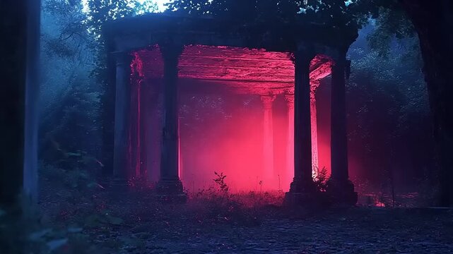 Eerie Red Light Illuminates Ancient Stone Structure in Dark Forest.
