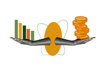 Fototapeta premium Contemporary poster trend art collage of hands hold coin income chart development statistics bank capital salary progress