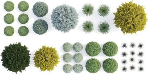 Architectural landscape plan symbols, top view tree and shrub icons for site mapping, 2D garden design elements in green and yellow shades, professional vegetation vector set isolated PNG with