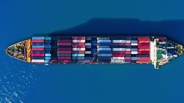 Container ship navigating ocean trade routes while carrying cargo to global markets