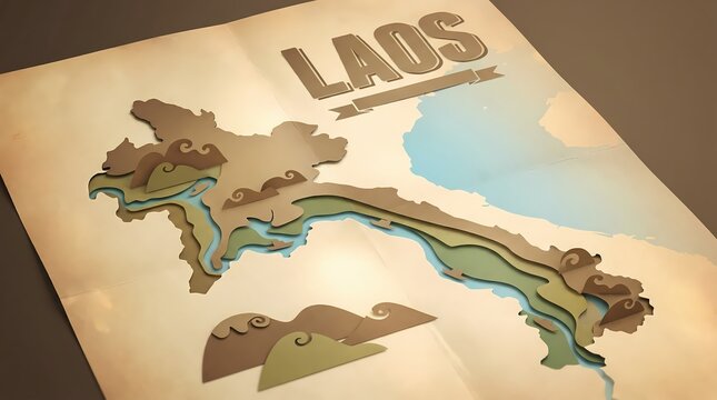 Laos Map Paper Cut Illustration Minimalist Travel Poster Southeast Asia Geography Design