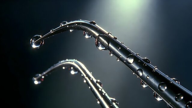Close up of dental probe with water droplets. Professional dentistry tools and sterilization. Steel medical instrument reflecting light on a dark background