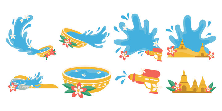 Songkran festival celebration with water splash, bowl, flower, water festival and party. Vector isolated