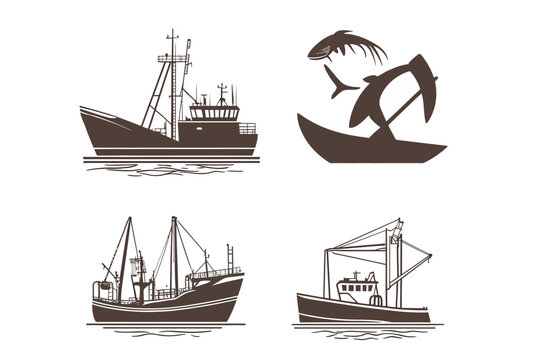 Four stylized illustrations of fishing boats and elements associated with fishing and marine life