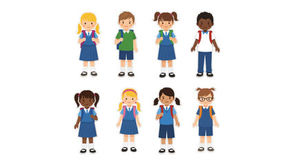 Fototapeta premium Young Scholars: A cheerful collection of elementary students, each with a unique personality and readiness for learning, stand together, embodying the innocence and excitement of education.
