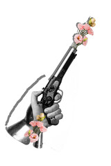 Obraz premium Art image vertical collage of hands hold gun killer weapon bloom eustoma wear steel armor gloves soldier romantic historic era