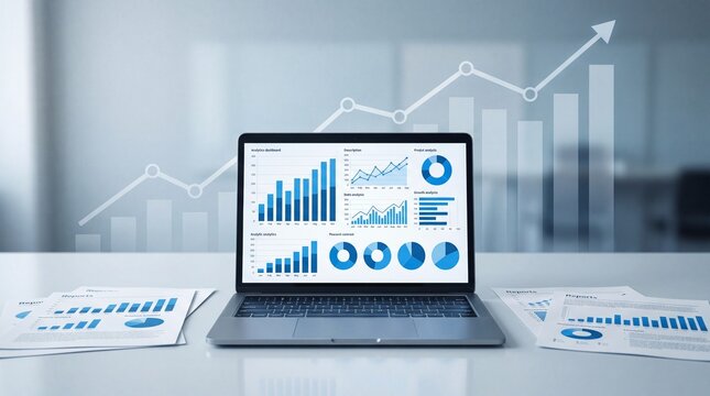A laptop screen displaying professional business data analytics charts and financial growth graphs