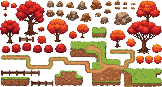 Pixel art game assets collection, autumn forest environment with red trees and orange bushes, 2D platformer level design elements with dirt paths and stone boulders vector isolated PNG with