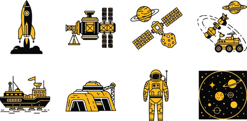 Retro space exploration vector icons set, vintage yellow and black rocket launch and astronaut illustrations, 8 galactic science mission symbols © technology love