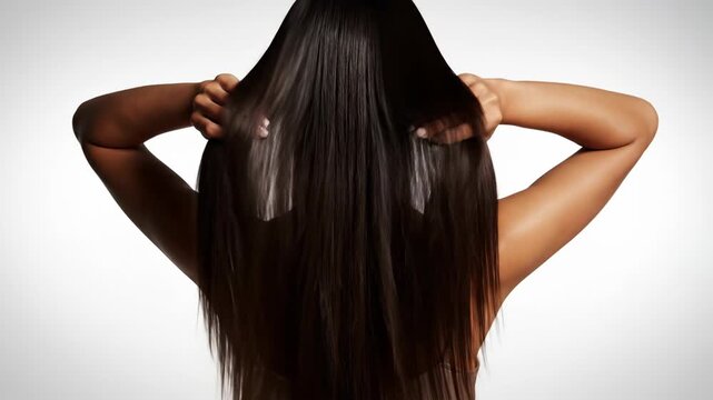Close up back view of a woman running fingers through her long straight shiny black hair on white background