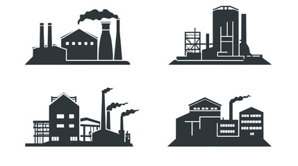 Obraz premium Silhouetted illustrations of four different industrial plants emitting smoke, set against a white backdrop
