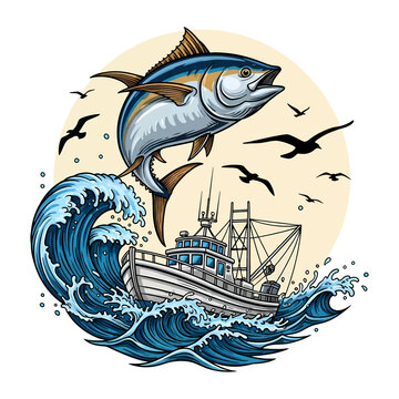 Yellowfin tuna jumping over fishing boat in ocean waves with sunset background vintage vector style