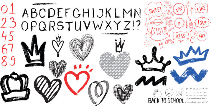 Crayon Scribble Alphabet Numbers and Doodle Shapes Hand Drawn Vector Set