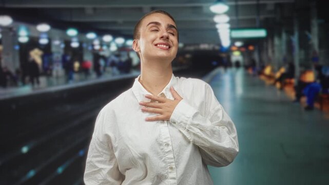 Woman with short hair touches chest with hand smiling on subway station platform; gratitude relief confidence.