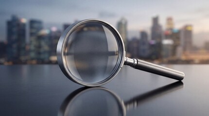 Fototapeta premium A high-quality close-up view of a metal magnifying glass resting on a dark reflective surface