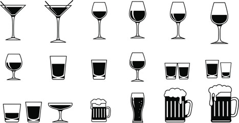 Hand-Drawn Drink Glasses Set with Wine, Cocktail, Beer Mugs, and Shot Glasses for Bar, Restaurant, and Beverage Illustrations. © MdMostafijur