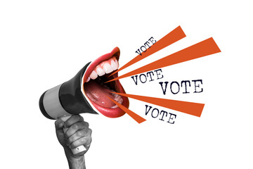 Obraz premium Composite trend artwork 3D sketch image photo collage of call election choice democracy hand hold loudspeaker mouth talk propaganda vote