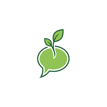 Green speech bubble with growing sprout leaves icon