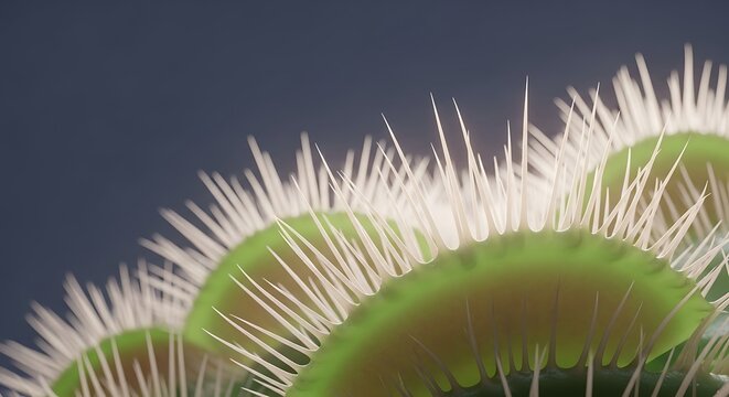 Closeup view of carnivorous Venus flytrap plant with sharp spines and open jaws ready to catch insects