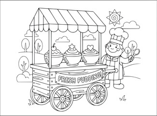 Chef coloring page featuring a happy man pushing a fresh pudding cart outside © Tanay