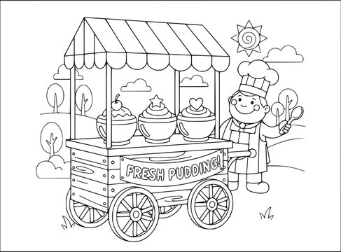 Chef coloring page featuring a happy man pushing a fresh pudding cart outside