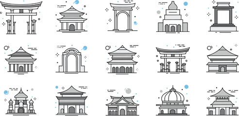 World architecture icons set with famous landmarks temples arches domes cultural buildings and global travel line illustration collection © MdYeasin