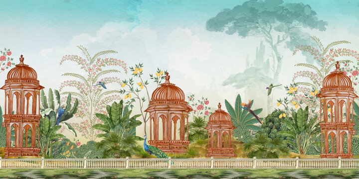 Udaipur wallpaper art hand painted digital illustration for wall art	