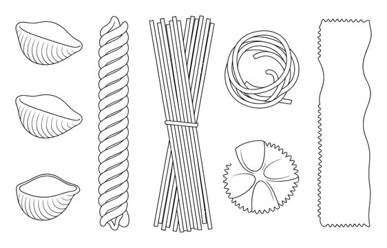 Assortment of Illustrated Pasta Shapes on White Background