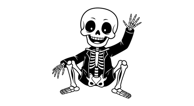 Friendly Cute Cartoon Skeleton Character Sitting and Waving Hand, Isolated White Background.