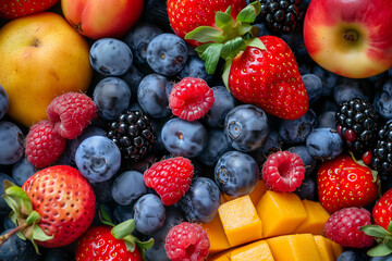 Obraz premium Top View of Fresh Mixed Berries and Tropical Fruits Summer Harvest