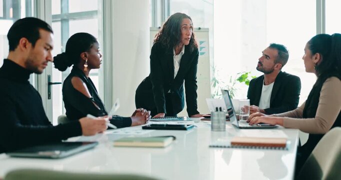 Document, talk or people in meeting for presentation, financial planning or performance trends for choice. Investment pitch, speaker or stakeholders with stats report, speaking or budget optimization