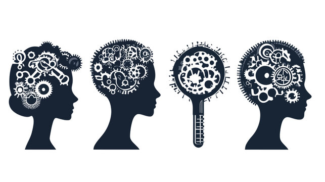 Four silhouettes displaying a conceptual idea of the human mind filled with cogs and gears